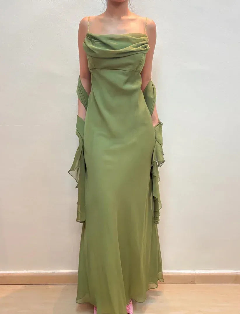 Fairy A-line Spaghetti Straps Sleeveless Pleated Chiffon Floor-Length Prom Dress