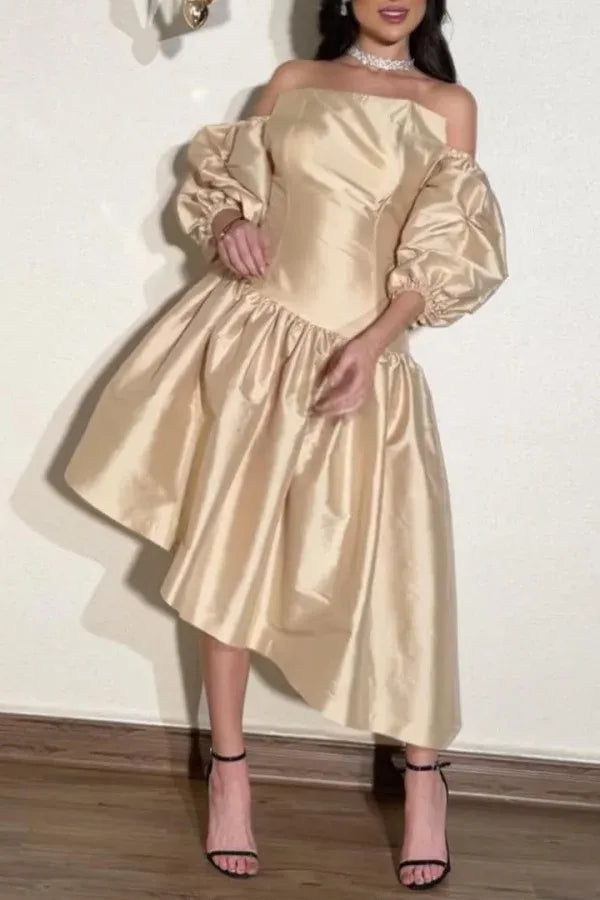 Fashion A-Line Off-Shoulders 1/2 Sleeve Lace Up Tea-Length Prom Dress