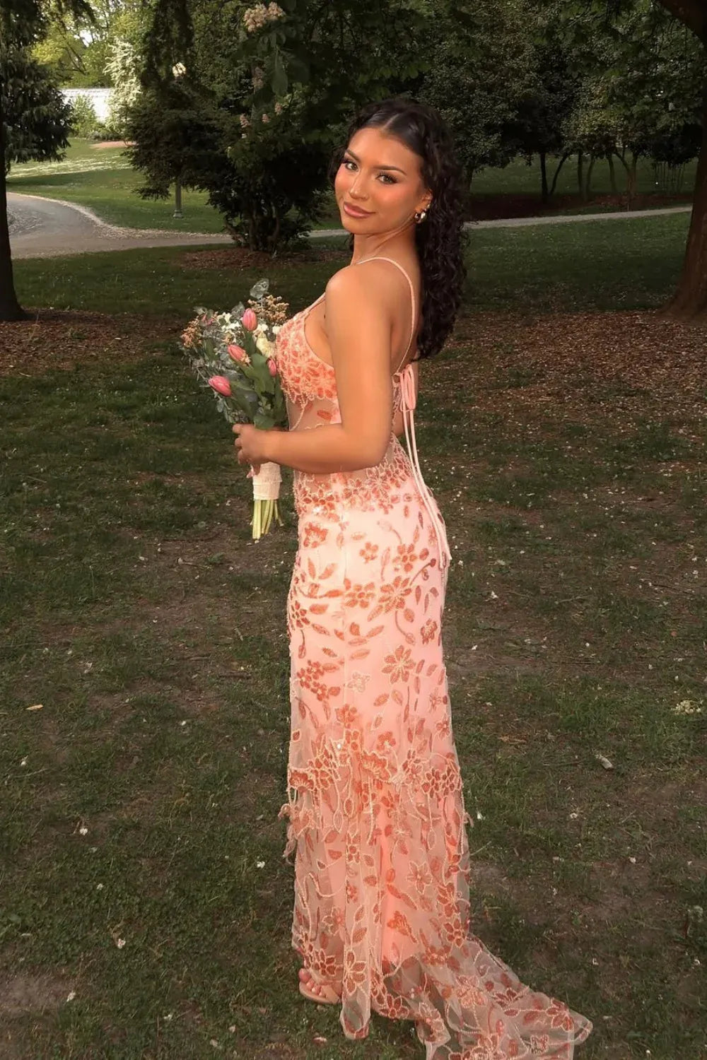 Fashion Column V-neck Sleeveless Backless Floor-Length Prom Dress