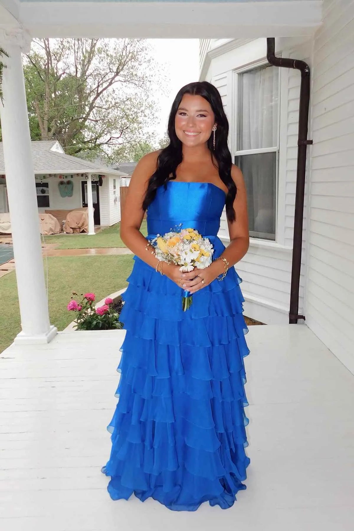 Fashionable A-line Strapless Sleeveless Ruffle Chiffon Floor-Length Prom Dress