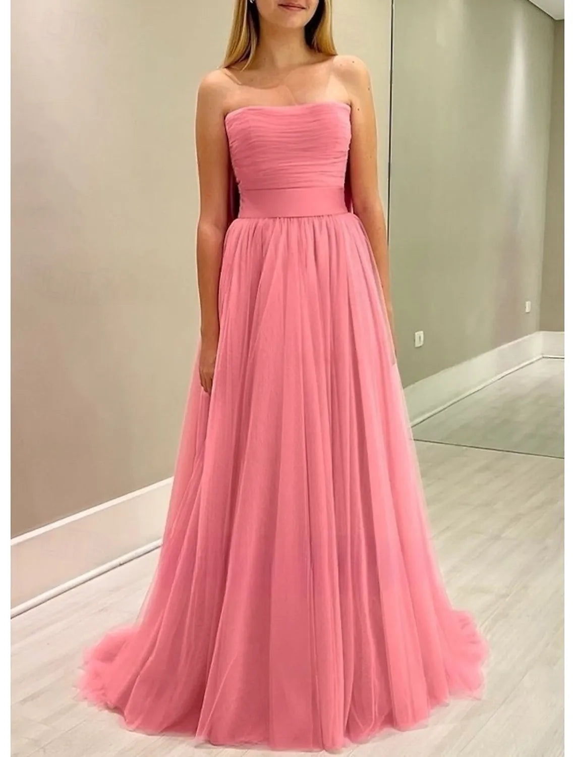 Feminine A-Line Strapless Ruched Bow Tulle Hot Pink Floor Length Prom Dress