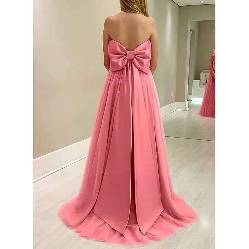 Feminine A-Line Strapless Ruched Bow Tulle Hot Pink Floor Length Prom Dress