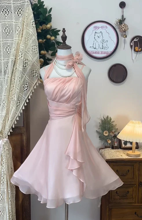 Gentle A Line Halter Neck Sleeveless Lace Up Short-Mini Cocktail Dresses