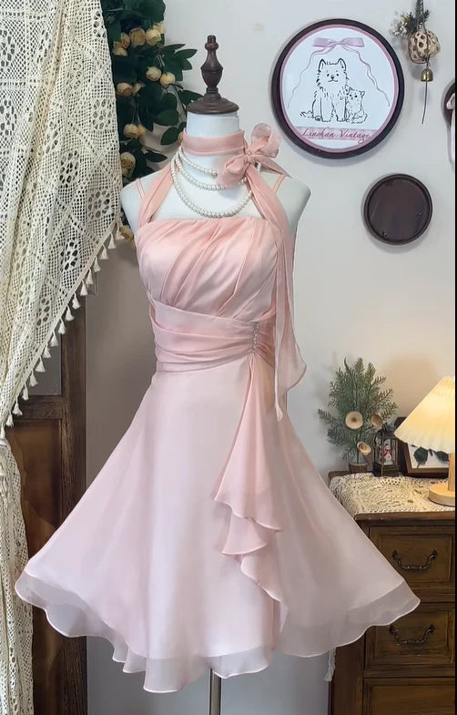 Gentle A Line Halter Neck Sleeveless Lace Up Short-Mini Cocktail Dresses