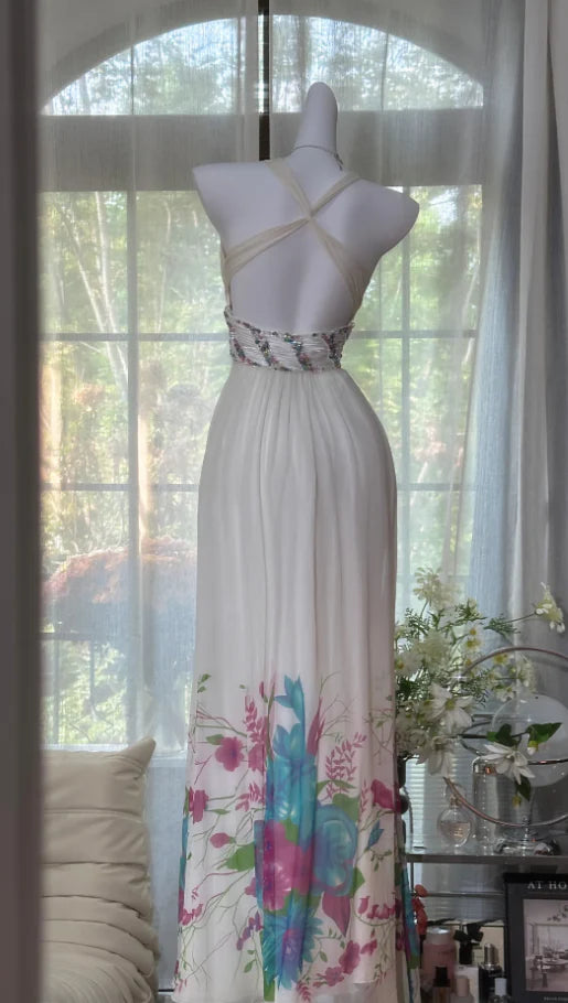 Gentle stylish A-Line Halter-Neck Floral-Print White Chiffon Party Dresses