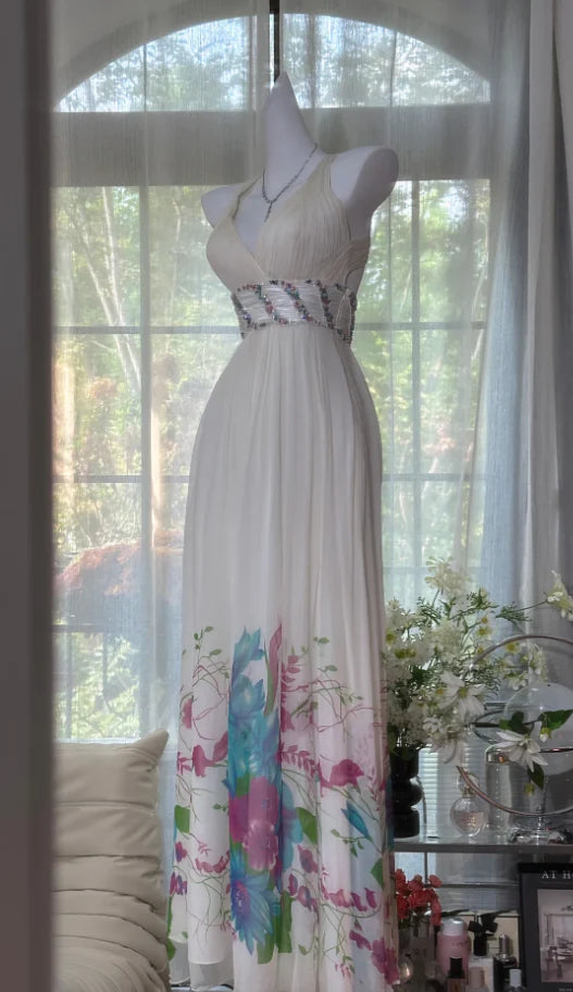 Gentle stylish A-Line Halter-Neck Floral-Print White Chiffon Party Dresses