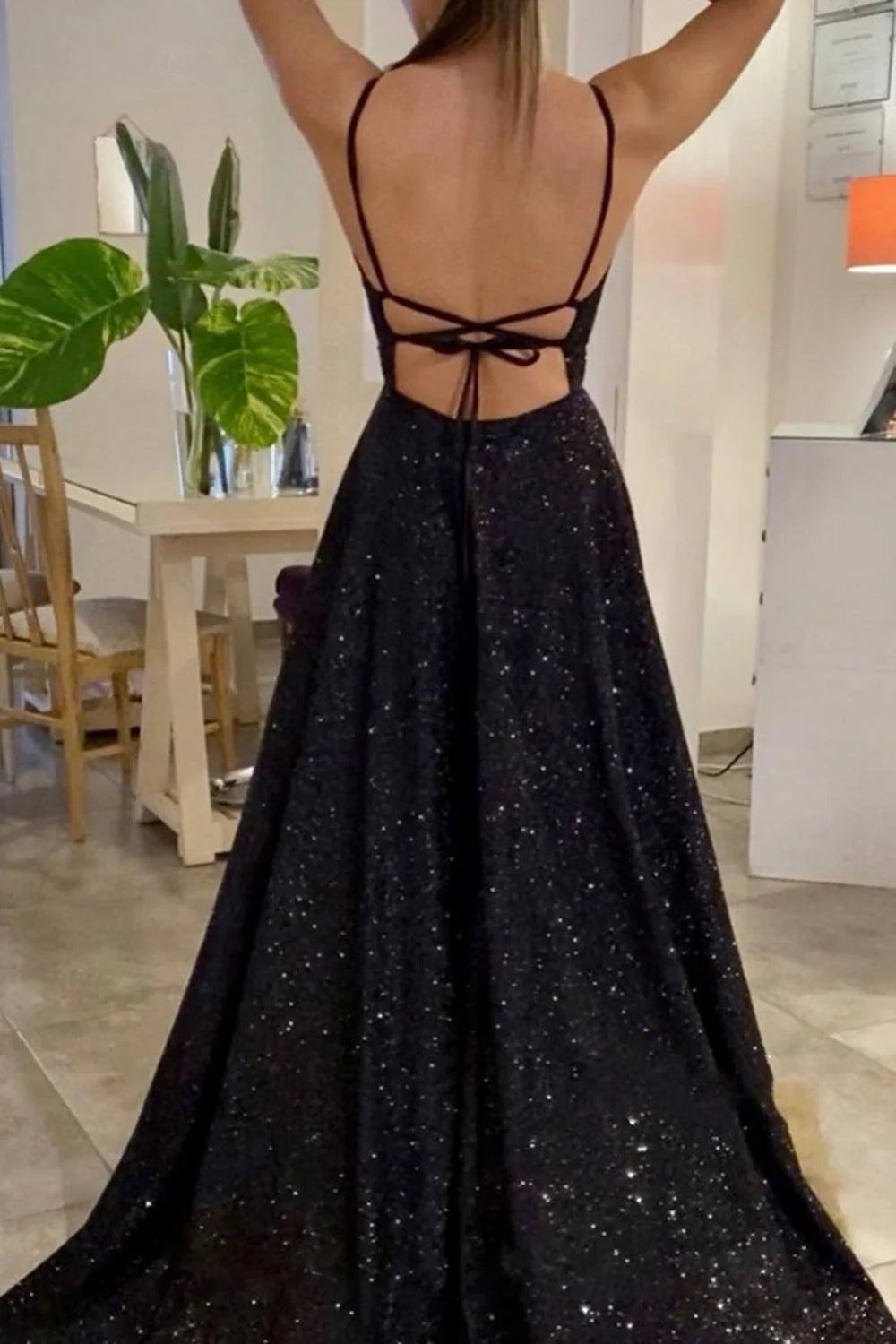 Glamorous A-Line Deep V Sleeveless Glitter Black Floor-Length Prom Dress