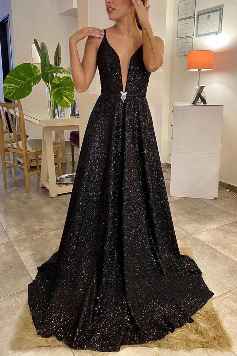 Glamorous A-Line Deep V Sleeveless Glitter Black Floor-Length Prom Dress