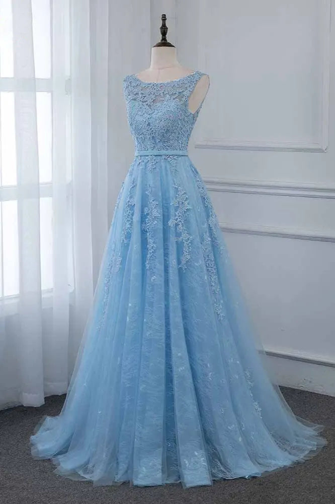 Glamorous A-Line Jewel Neck Sleeveless V Back Sweep/Brush Train Prom Dress