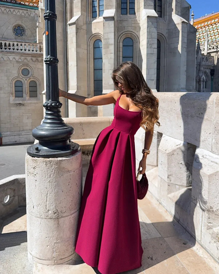 Glamorous A-Line Scoop-Neck Sleeveless Backless Floor-Length Prom Dress