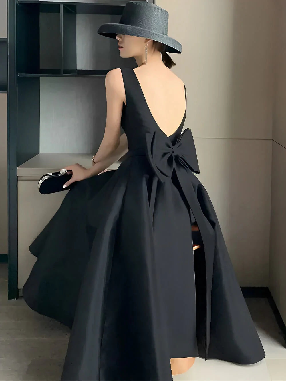 Glamorous A-Line Sleeveless Bow Black High-Low Prom Dress
