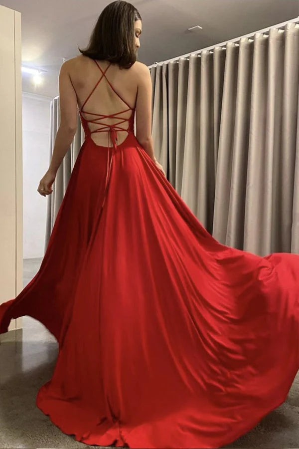 Glamorous A-Line Spaghetti Strap Lace-Up Red Floor-Length Prom Dress