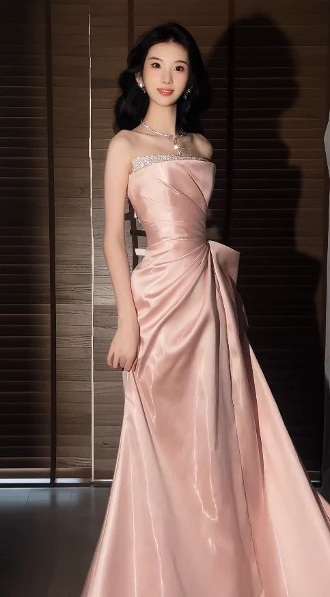 Glamorous A-Line Strapless Beaded Blush Floor-Length Party Dress