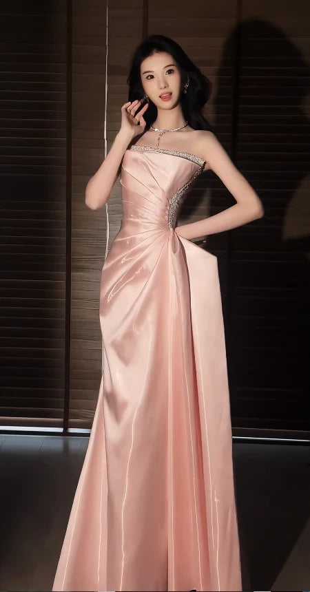 Glamorous A-Line Strapless Beaded Blush Floor-Length Party Dress