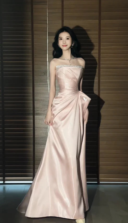 Glamorous A-Line Strapless Beaded Blush Floor-Length Party Dress