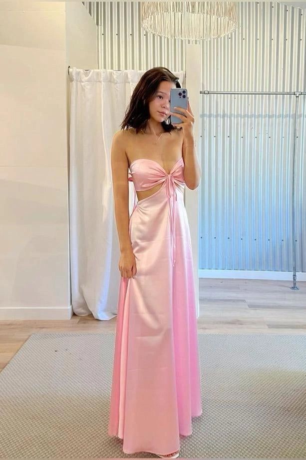 Glamorous A-Line Strapless Cutout Bow Blush Floor-Length Prom Dress
