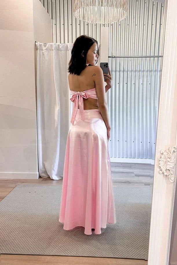 Glamorous A-Line Strapless Cutout Bow Blush Floor-Length Prom Dress