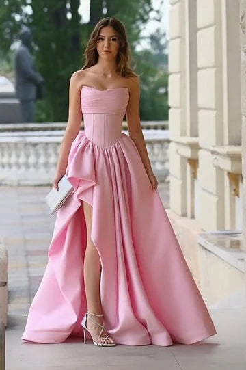 Glamorous A-Line Strapless High-Low Pink Satin Party Dress