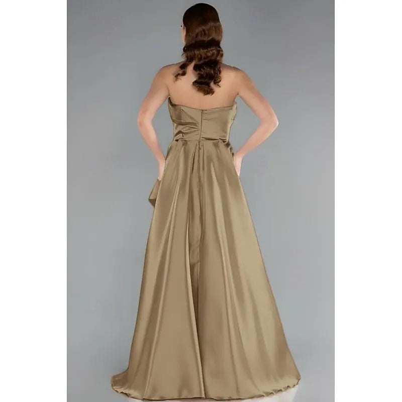 Glamorous A-Line Strapless Ruched Crystal Belt Champagne Train Evening Dress For Sale