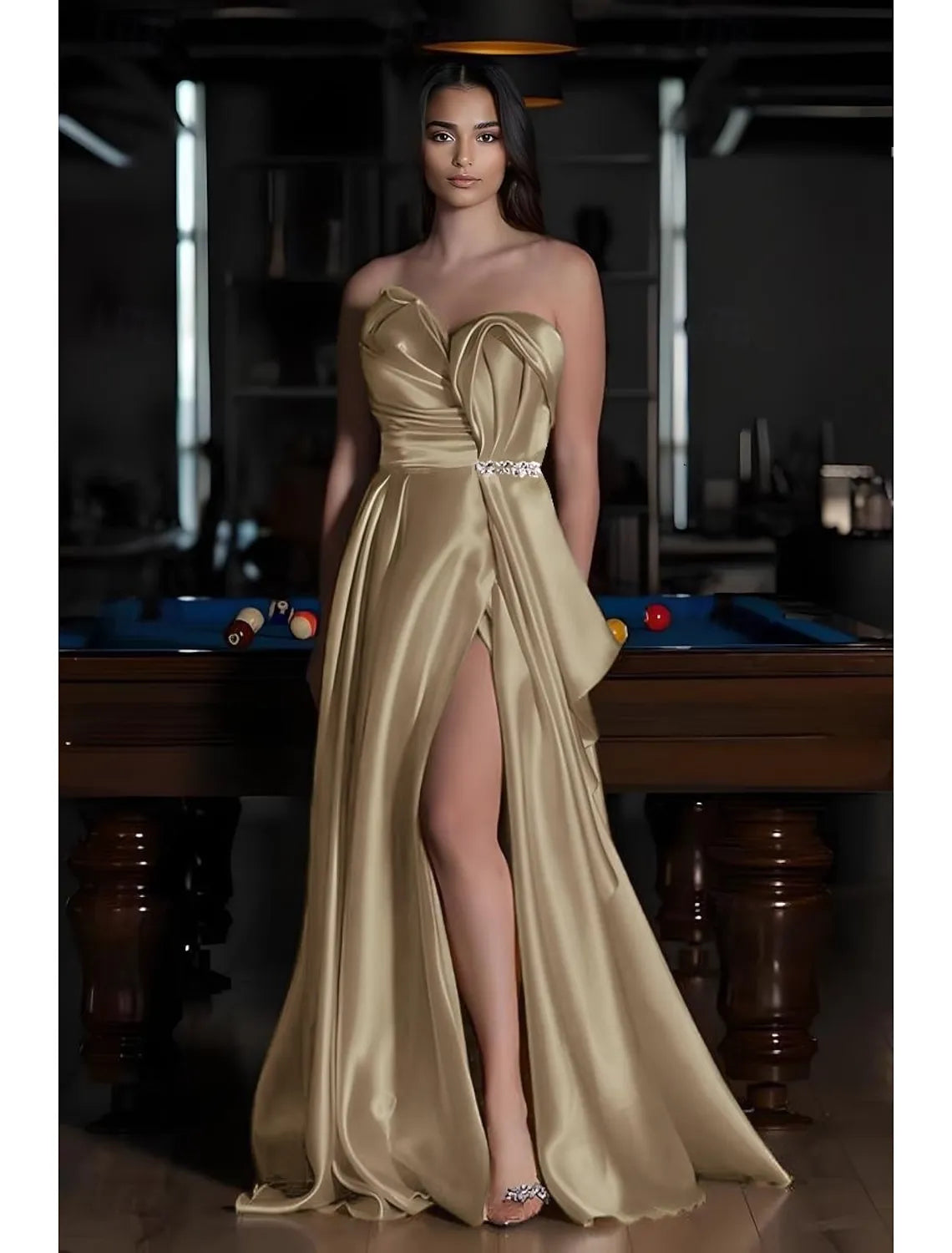 Glamorous A-Line Strapless Ruched Crystal Belt Champagne Train Evening Dress For Sale