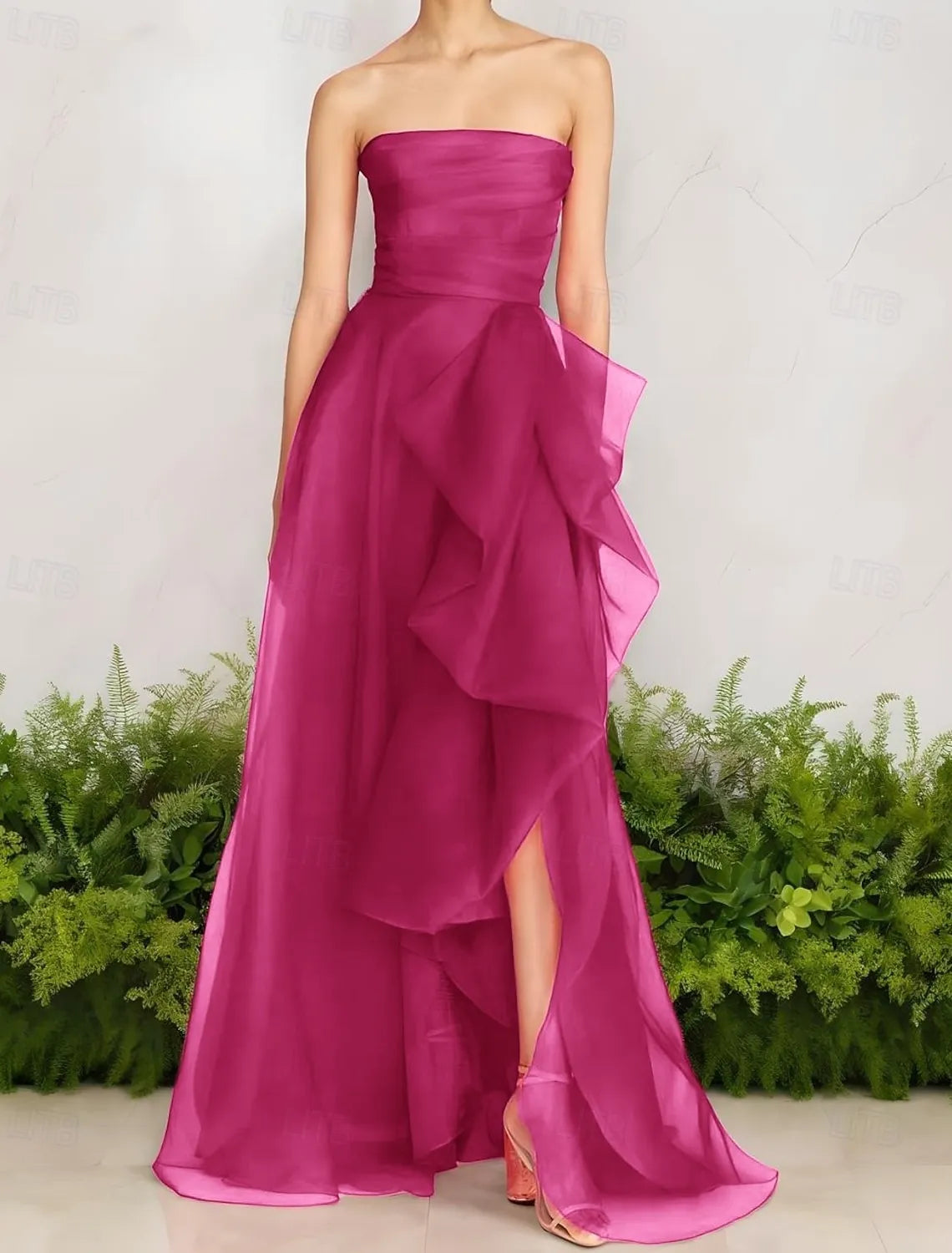 Glamorous A-Line Strapless Ruffle Cutout Fuchsia Train Prom Dress Hot Sale