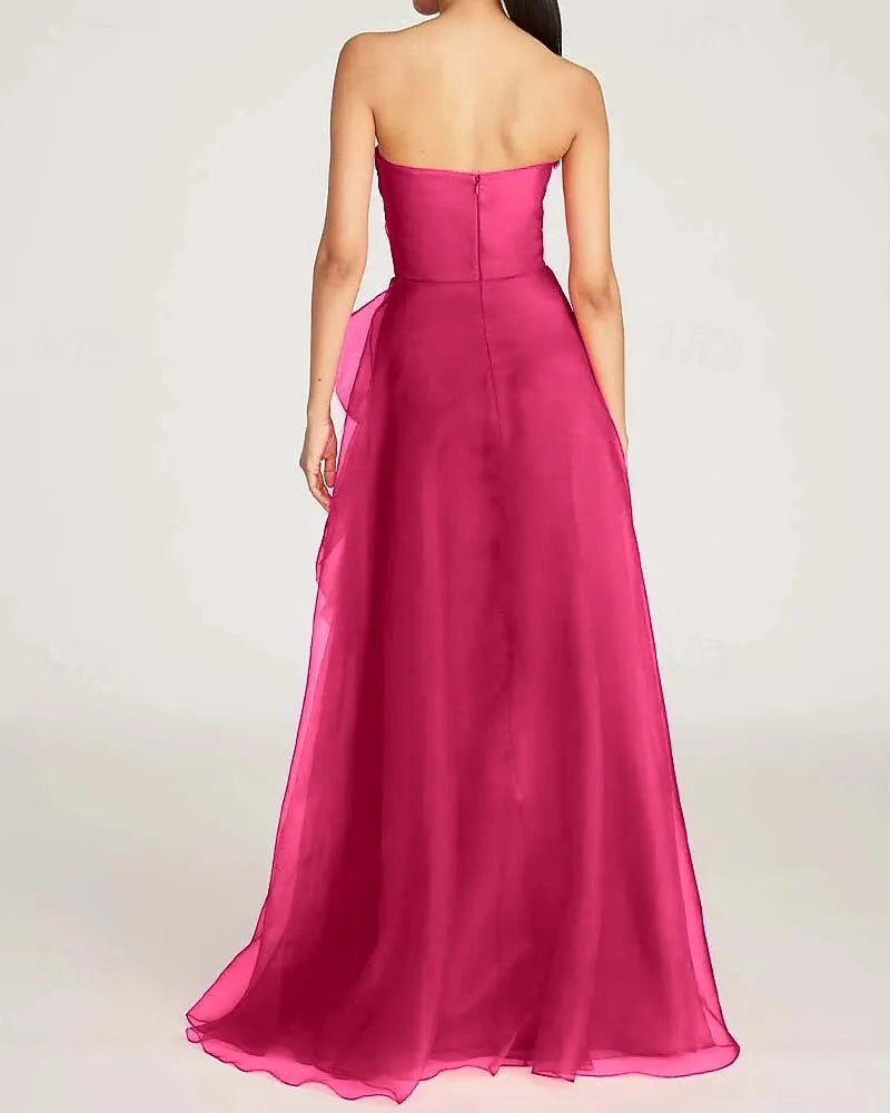 Glamorous A-Line Strapless Ruffle Cutout Fuchsia Train Prom Dress Hot Sale