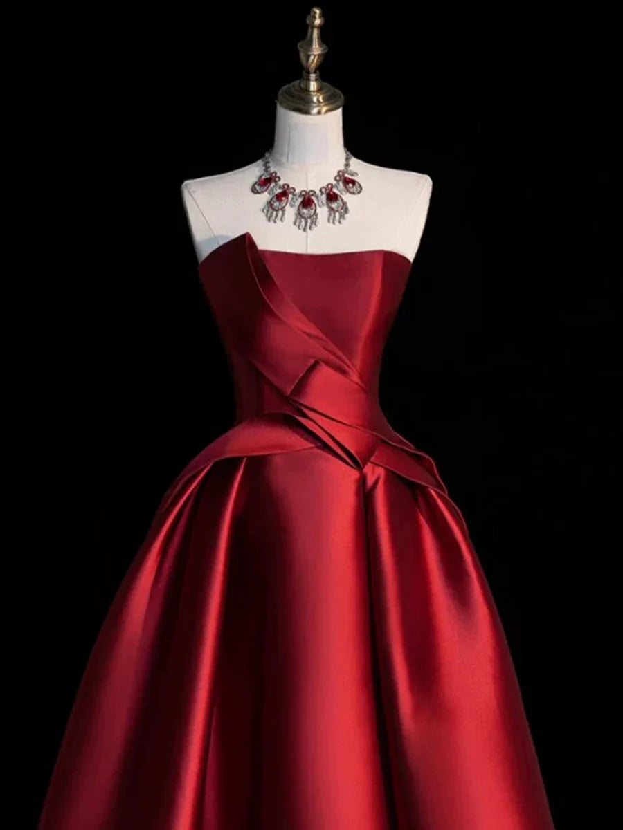 Glamorous A-Line Strapless Sleeveless Satin Burgundy High-Low Homecoming Dresses