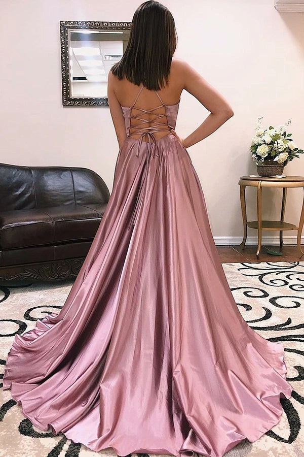 Glamorous A-Line V-Neck Satin Dusty Rose Floor-Length Prom Dress
