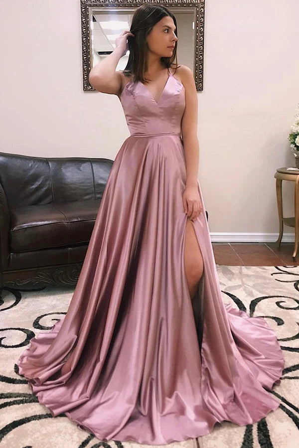 Glamorous A-Line V-Neck Satin Dusty Rose Floor-Length Prom Dress