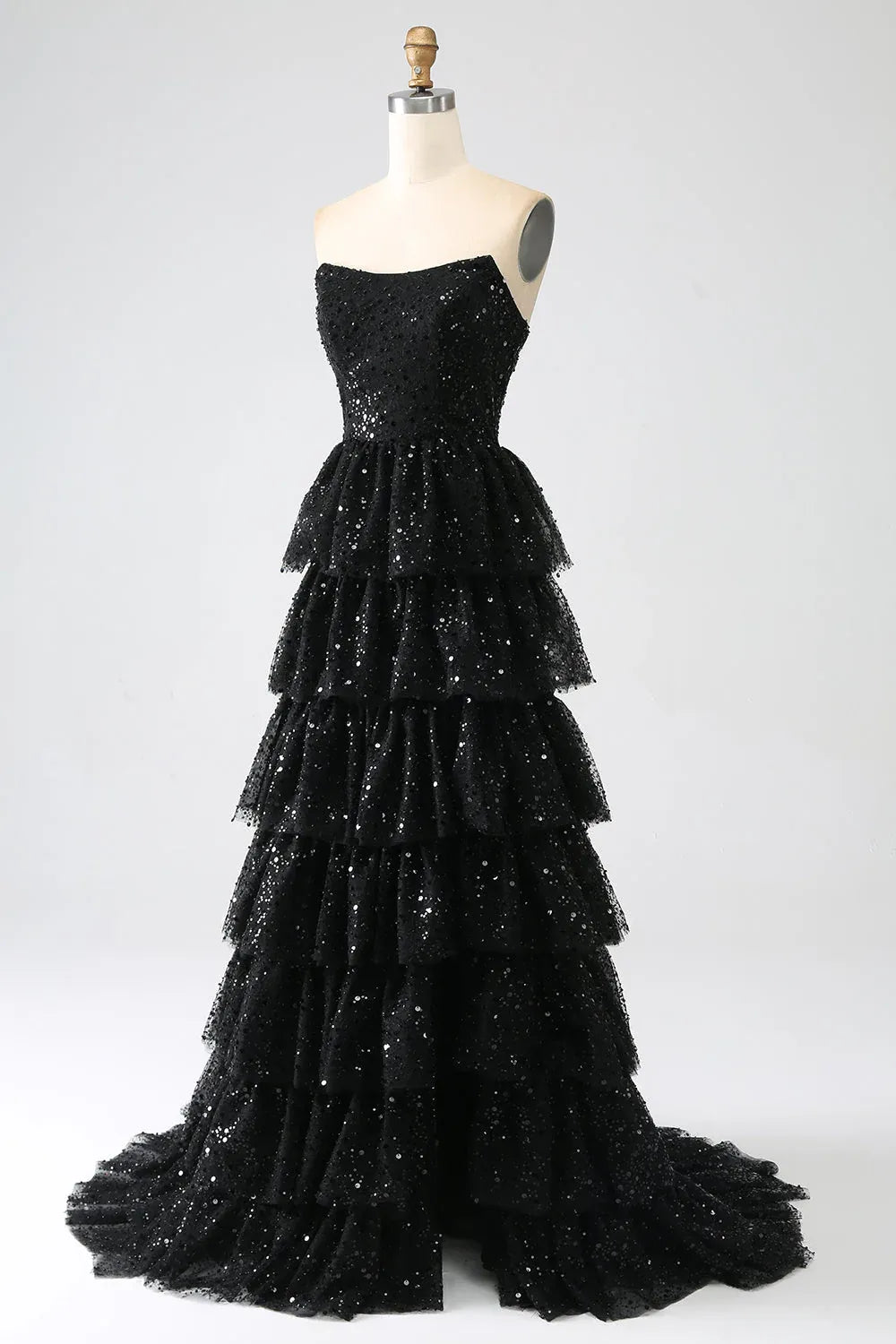 Glamorous Ball Gown Strapless Sequin Tiered Tulle Black Train Prom Dress With Slit