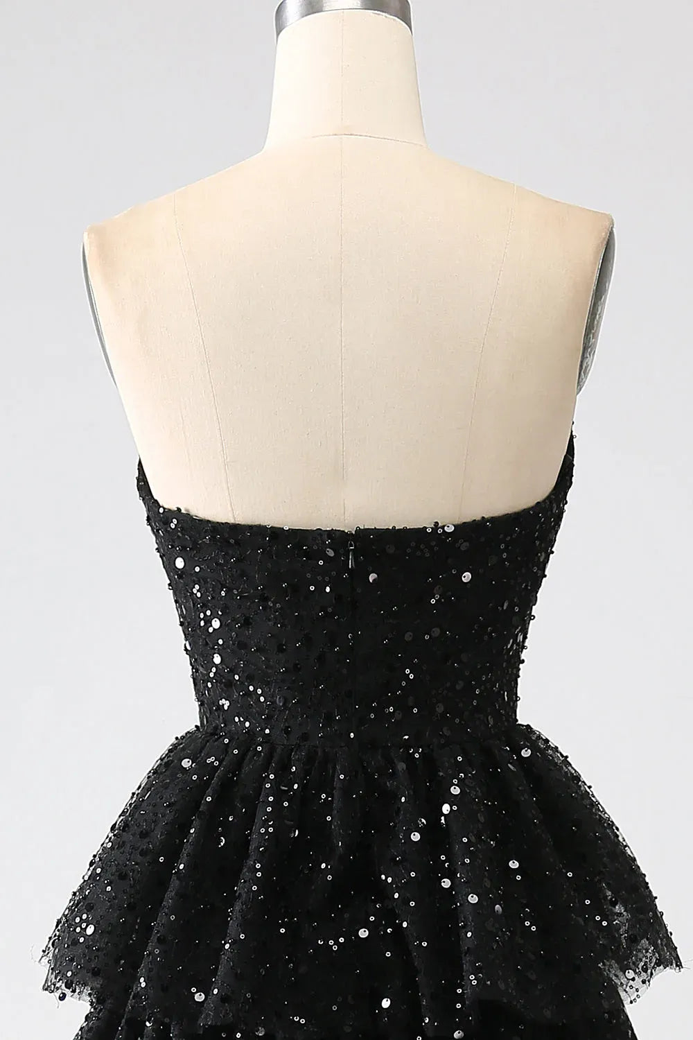 Glamorous Ball Gown Strapless Sequin Tiered Tulle Black Train Prom Dress With Slit