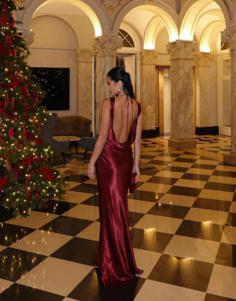 Glamorous Bodycon Cowl-Neck Sleeveless Satin Burgundy Long Party Dresses