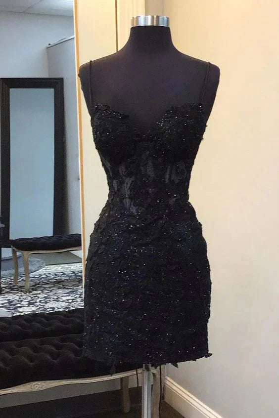 Glamorous Bodycon Sweetheart Neck Lace Black Mini Homecoming Dress