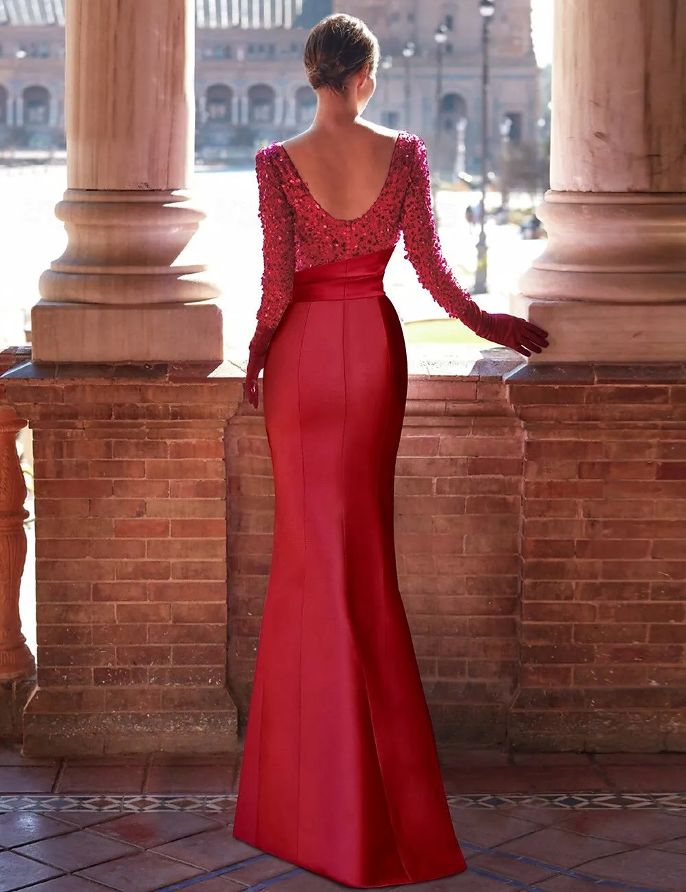 Glamorous Mermaid Boat Neck Long Sleeve Sequin Ruffle Red Train Evening Dress For Sale