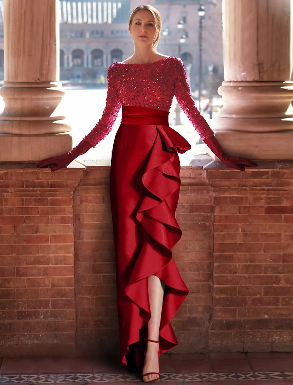 Glamorous Mermaid Boat Neck Long Sleeve Sequin Ruffle Red Train Evening Dress For Sale