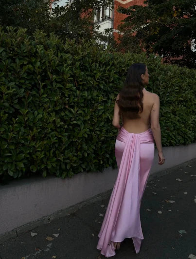 Glamorous Mermaid Halter-Neck Draped Blush Pink Long Party Dresses