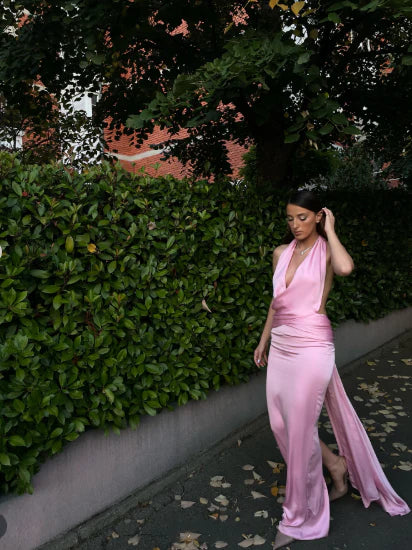 Glamorous Mermaid Halter-Neck Draped Blush Pink Long Party Dresses