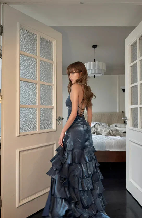 Glamorous Mermaid Halter Ruffled Metallic Blue Floor-Length Prom Dress