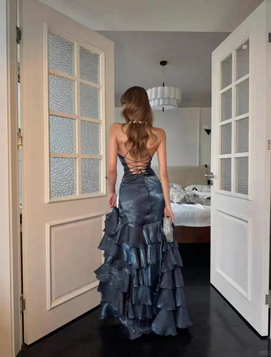 Glamorous Mermaid Halter Ruffled Metallic Blue Floor-Length Prom Dress