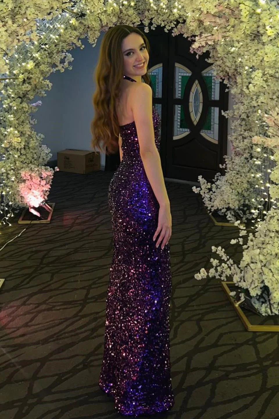 Glamorous Mermaid Halter Sequin Purple Floor-Length Prom Dress