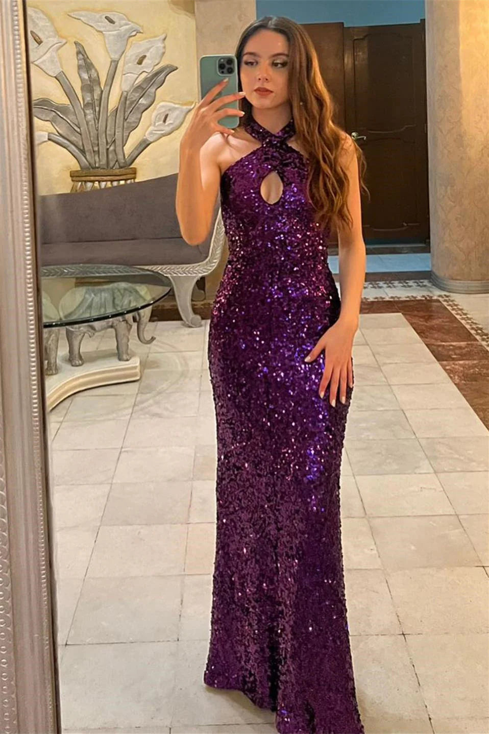 Glamorous Mermaid Halter Sequin Purple Floor-Length Prom Dress