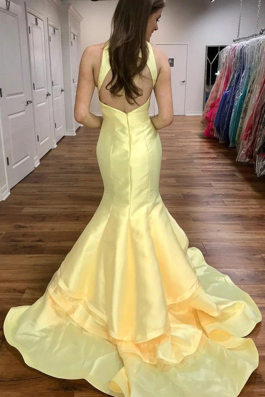 Glamorous Mermaid Halter Tiered Yellow Floor-Length Prom Dress