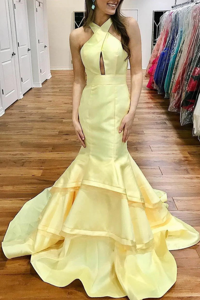 Glamorous Mermaid Halter Tiered Yellow Floor-Length Prom Dress