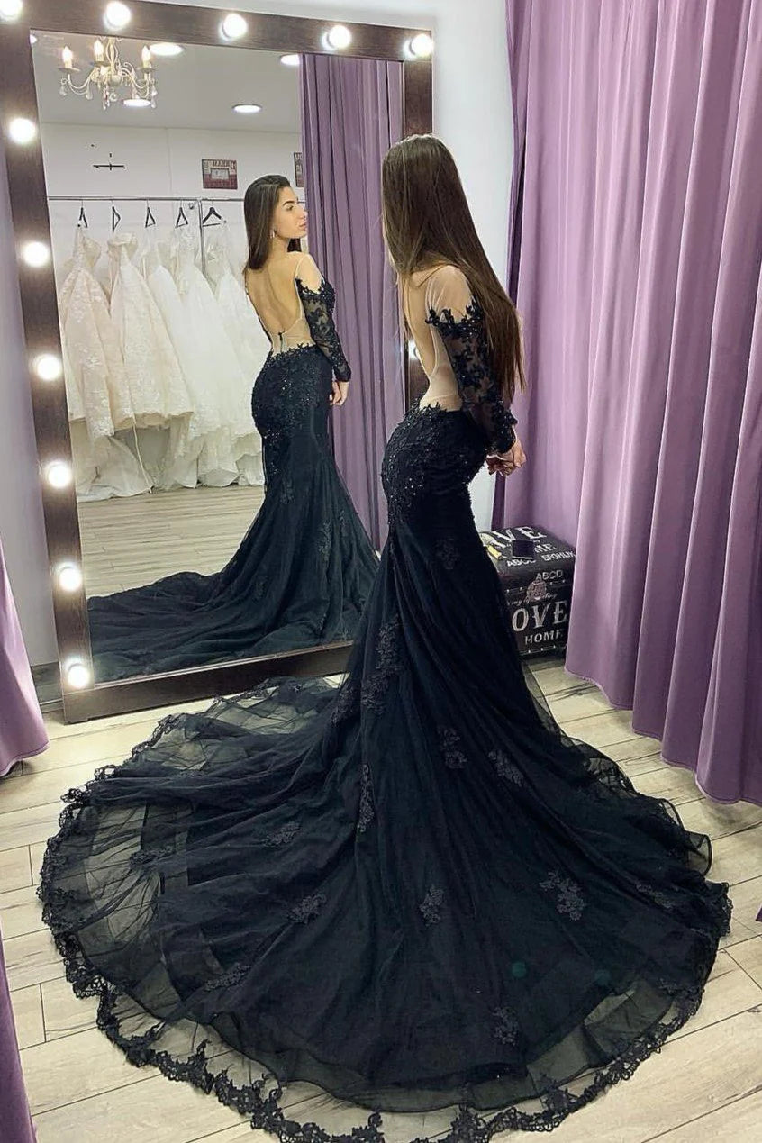 Glamorous Mermaid Off-the-Shoulder Lace Black Court-Train Party Dress