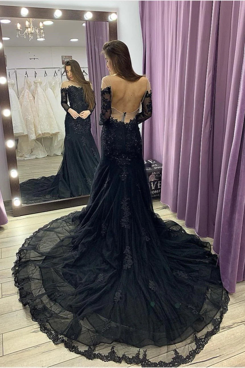 Glamorous Mermaid Off-the-Shoulder Lace Black Court-Train Party Dress
