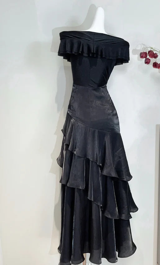 Glamorous Mermaid Off-the-Shoulder Ruffled Black Floor-Length Prom Dress