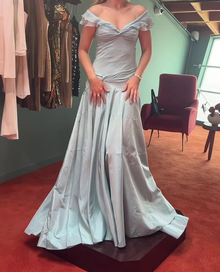 Glamorous Mermaid Off-the-Shoulder Ruffled Light Blue Prom Dress