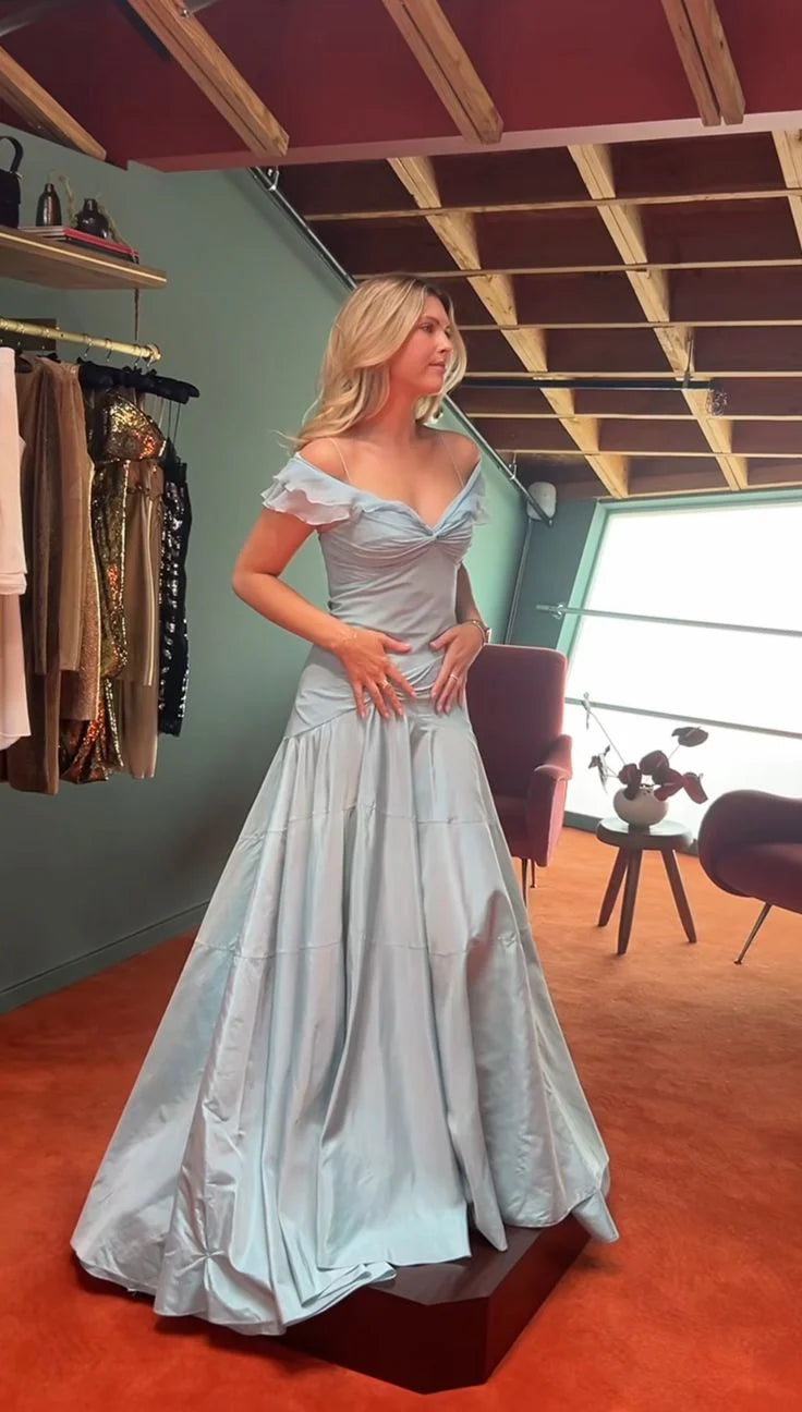 Glamorous Mermaid Off-the-Shoulder Ruffled Light Blue Prom Dress