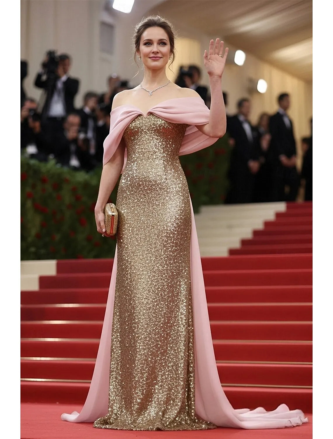 Glamorous Mermaid Off Shoulder Pink Cape Sequin Gold Train Evening Dress For Ladies