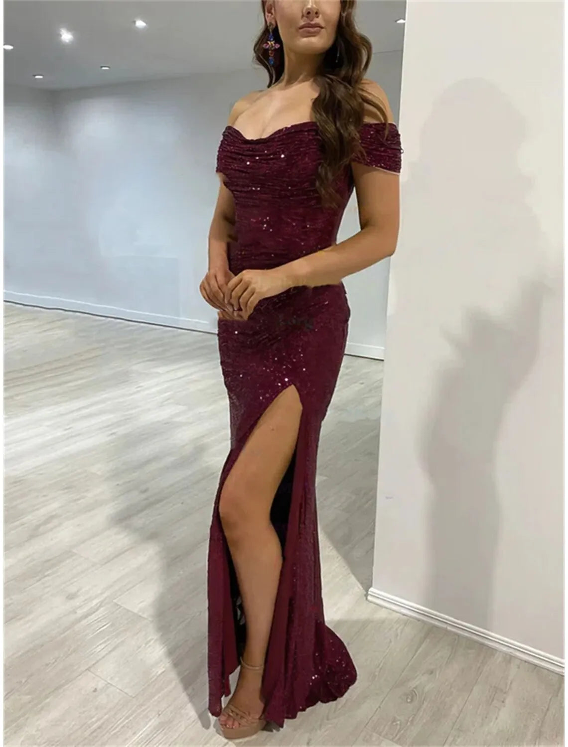 Glamorous Mermaid Off Shoulder Ruched Sequin Burgundy High Slit Train Evening Dress For Sale